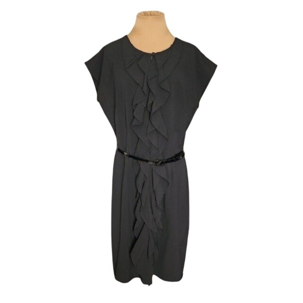 Olivia Matthews Black Ruffle Sheath Dress Size 16 Cap Sleeve Career Cocktail